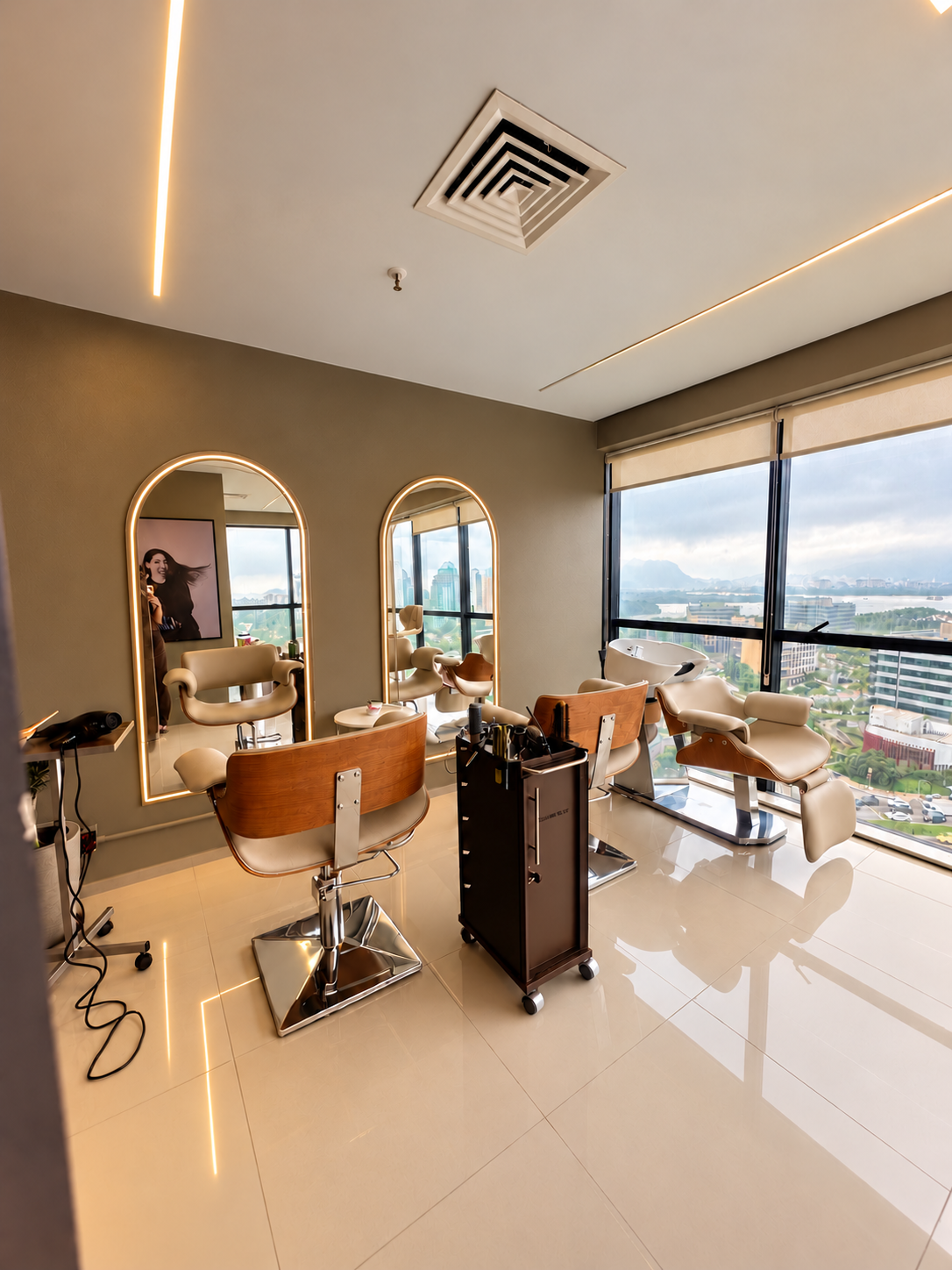 Salão do Studio Mainara Trindade com LED aceso no interior do friso dos espelhos